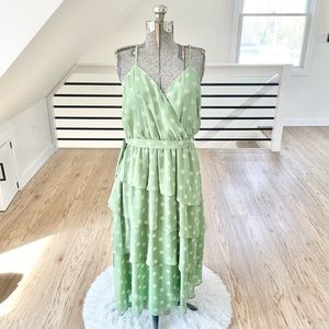 XS L LC Lauren Conrad, white and mint green polkadot, midi high low dress
